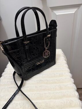 GUESS Black Embossed Patent Leather Satchel with Gold Accents